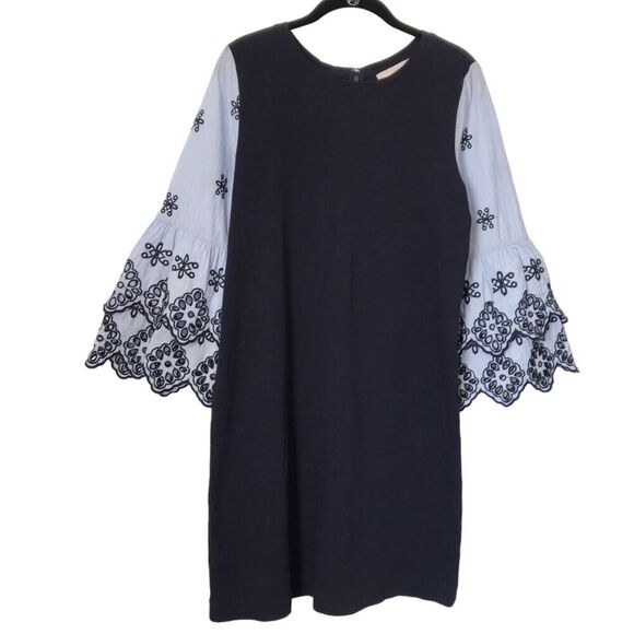Loft Dress Womens Size S Navy Blue Embroidered Eyelet 3/4 Bell Sleeve Shift Boho - Picture 1 of 12